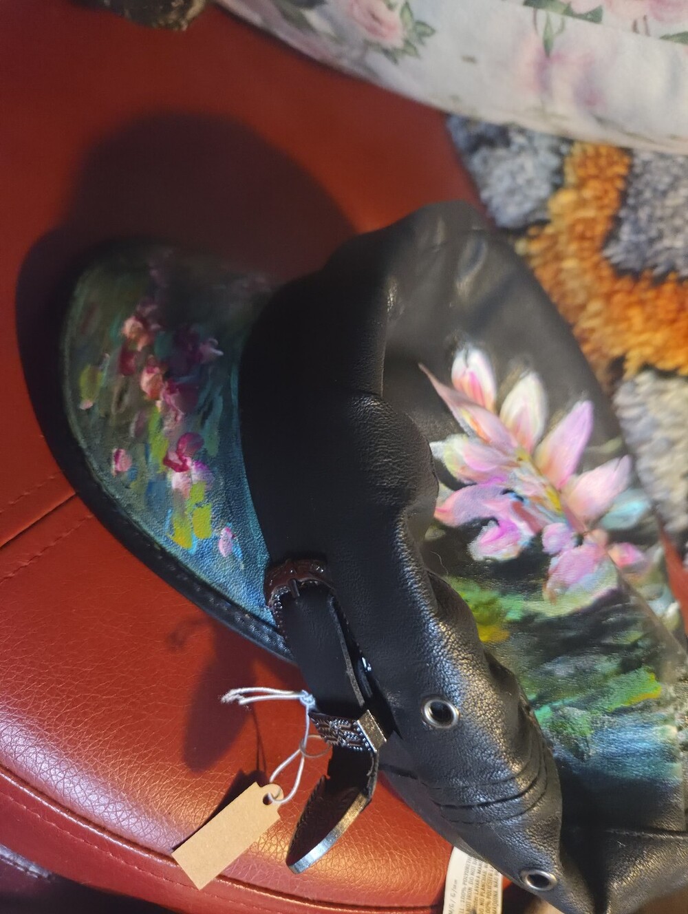 Hand-Painted Black Leather Floral Newsboy Cap